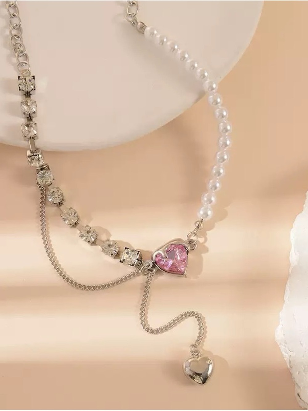 Anthropologie Pink Pearl & Silver Heart Layered Necklace - Picture 2 of 2